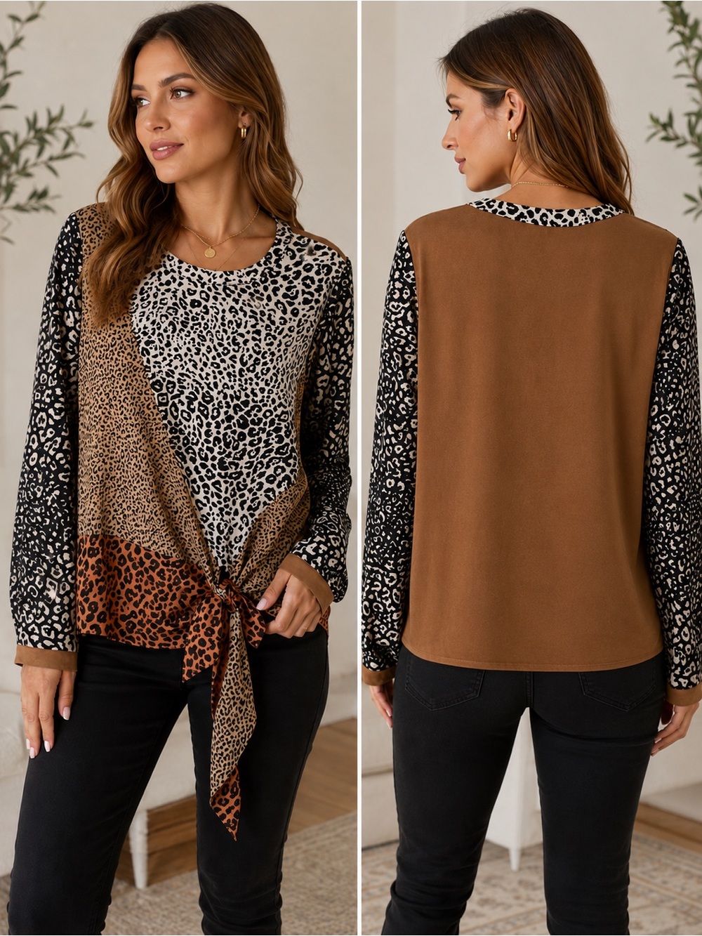 Mystree Leopard Print Colorblock Tie Front Top Long Sleeve Women’s Size S NWOT